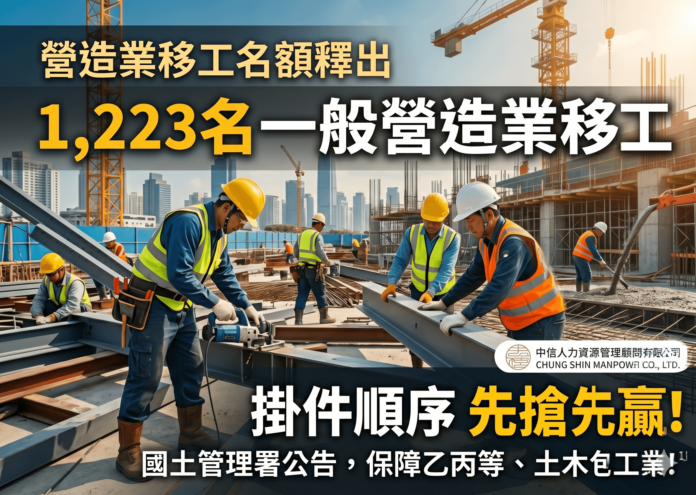 國土署釋出 1,223 名移工名額，採「掛件順序」先搶先贏！